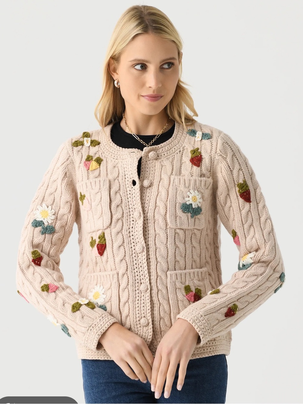SEA Callie Appliqué Cable Knit Cardigan Sweater - Picture 2 of 7